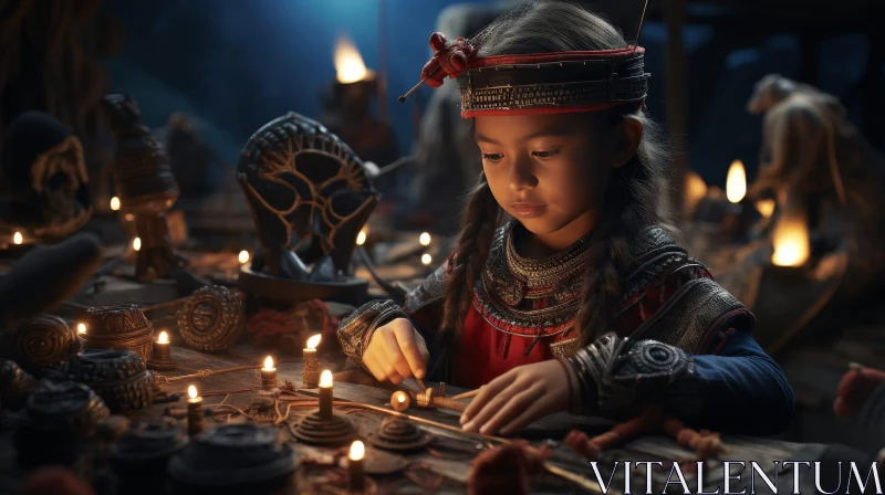 Enigmatic Young Girl in Red and Gold Costume at Mysterious Table AI Image
