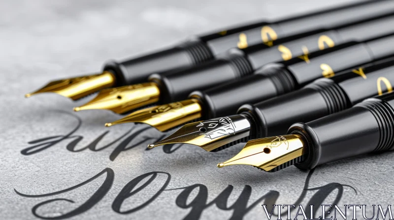 Exquisite Black and Gold Fountain Pens on a Serene White Background AI Image