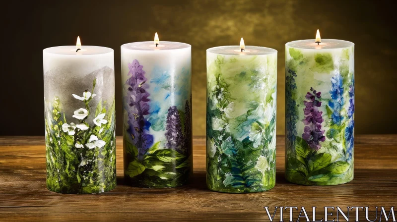 Exquisite Floral Design Candles on Wooden Table AI Image