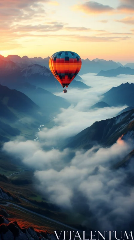 Hot Air Balloon Landscape in Mountain Sunrise AI Image