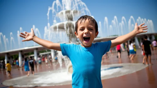 Joyful Boy at Fountain on a Hot Summer Day