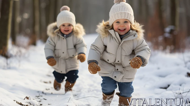 Joyful Children Running in Winter Forest AI Image