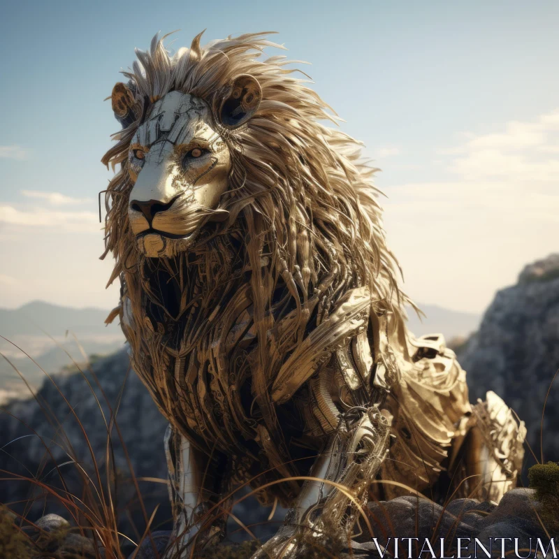 Majestic Metallic Lion: An Artistic Blend of Wilderness and Technology AI Image