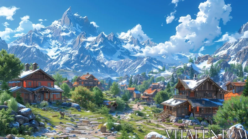 Peaceful Mountain Village Landscape AI Image