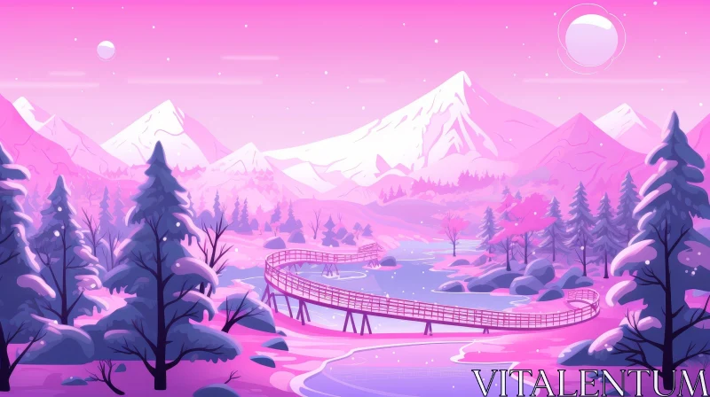 AI ART Pink Winter Landscape with Snow-Covered Mountains