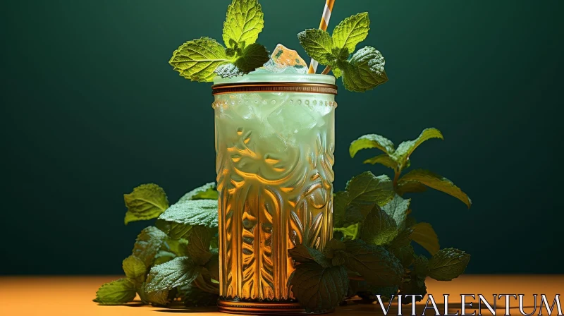 Refreshing Minty Green Drink in Tall Glass AI Image