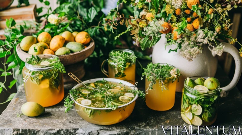 Rustic Table Setting with Citrus Fruits and Herbs AI Image