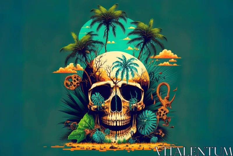 Skull and Palm Trees in the Sea - Mesmerizing Artwork AI Image