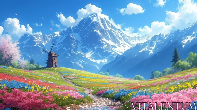 Tranquil Mountain Landscape with Windmill and Flower Field AI Image