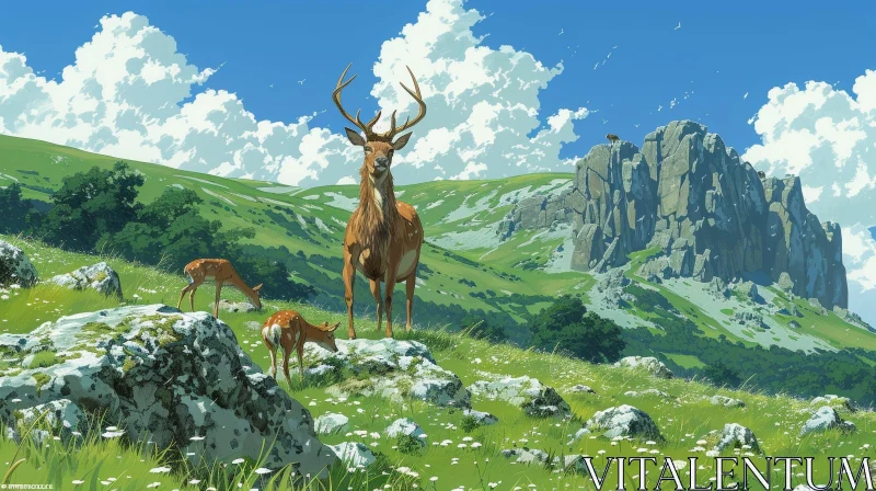 Tranquil Mountain Valley Landscape with Grazing Deer AI Image