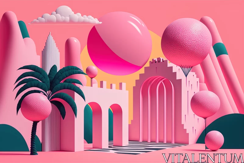Vibrant Pink Abstract Buildings and Balloon - Graphic Design-Inspired Illustrations AI Image