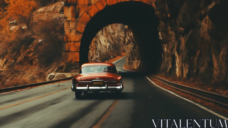 AI ART Vintage Red Car Driving Through Dark Stone Tunnel