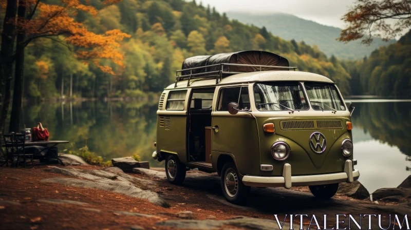 Vintage Volkswagen Type 2 Bus by the Lake AI Image