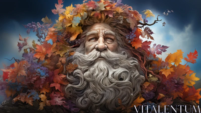 Weathered Old Man Portrait with Autumn Leaves AI Image