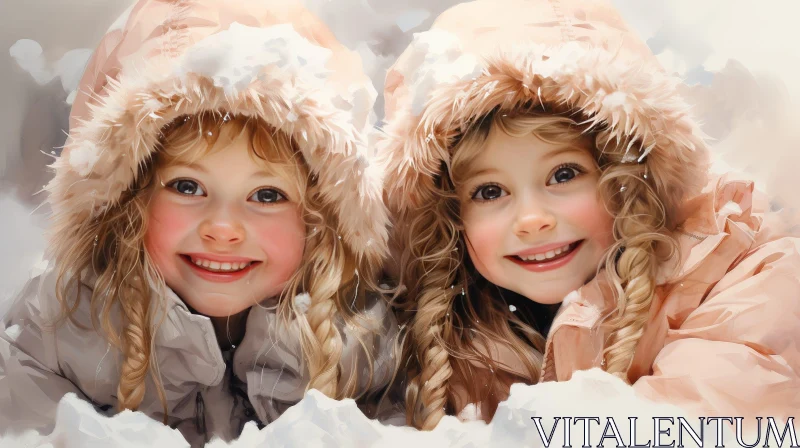 Winter Girls in Pink Coats | Snowy Field Smiles AI Image