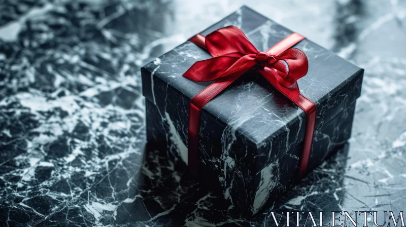Black Marble Gift Box with Red Ribbon - Captivating Stock Photo AI Image