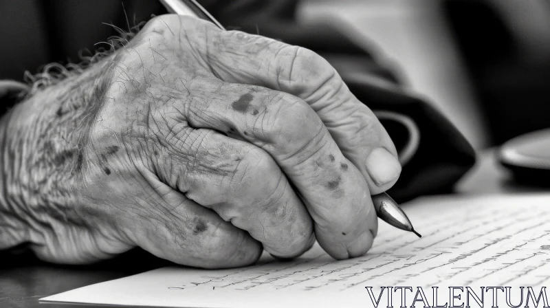 Captivating Black and White Photo: An Old Man's Hand Writing with a Pen AI Image