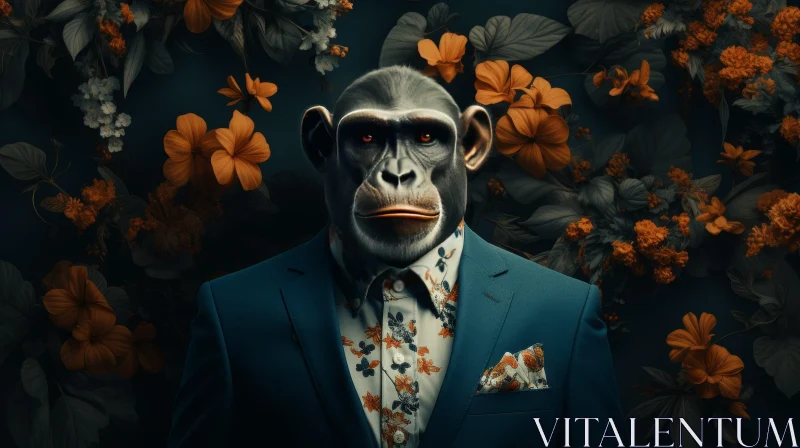 AI ART Chimpanzee in Blue Suit and Floral Shirt - Wildlife Photography