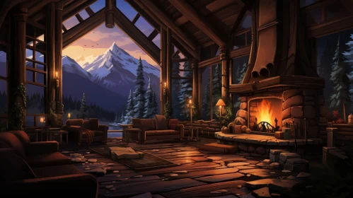 Cozy Log Cabin Living Room in Snowy Forest