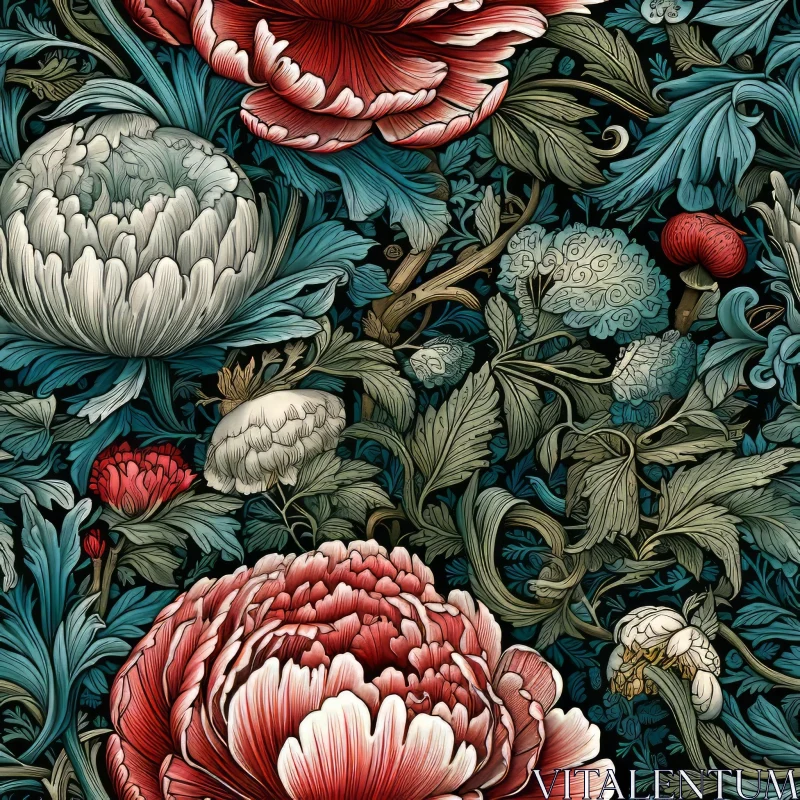 Dark Blue Floral Pattern - Vintage Design for Wallpaper or Fabric AI Image