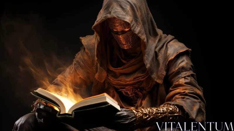 Dark Fantasy Cloaked Figure Reading Book AI Image
