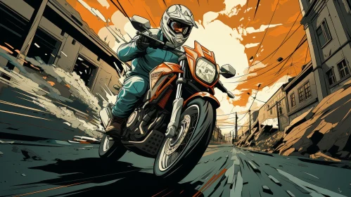 Determined Man on Orange Motorcycle in Post-Apocalyptic City