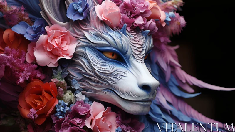 Enchanting 3D Dragon Head with Floral Accents AI Image