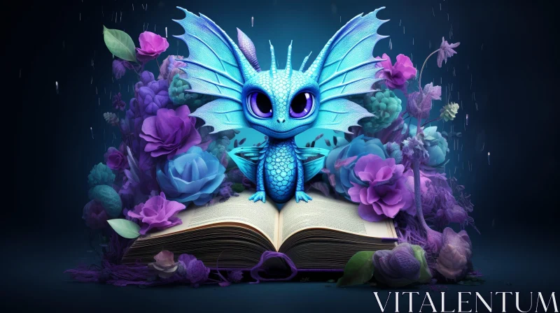 Enchanting Blue Dragon on Book with Flowers AI Image