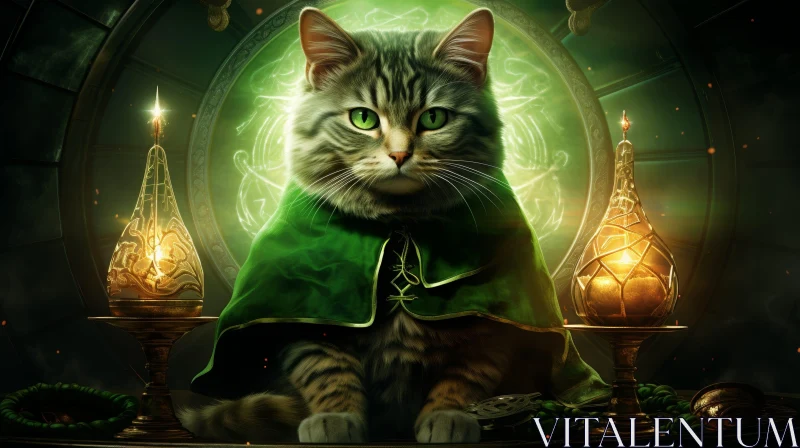 Enchanting Cat in Green Robe Digital Painting AI Image