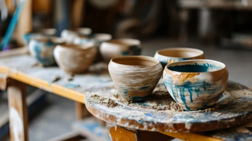 Enchanting Pottery Workshop: Handcrafted Clay Pots on Wooden Table