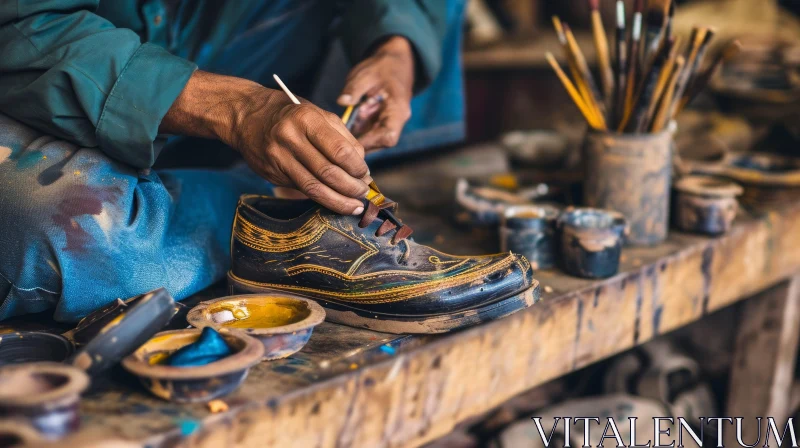 Exquisite Artistry: Master Craftsman Painting Traditional Design on Leather Shoe AI Image
