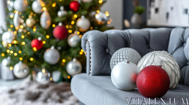Festive Living Room with Christmas Tree and Gray Sofa AI Image