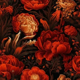 Intricate Red and Yellow Floral Pattern on Dark Green Background