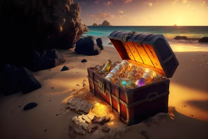 Intricately Mapped Worlds: An Empty Treasure Chest on the Beach at Sunset