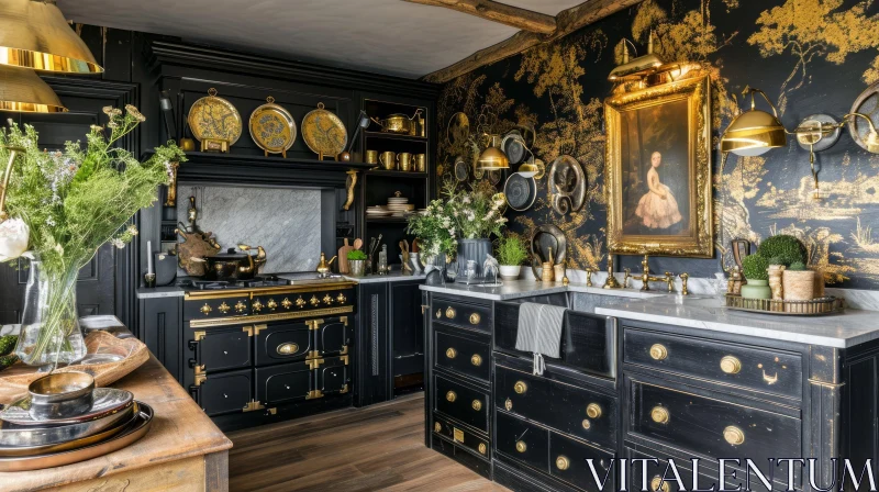 Luxurious Kitchen with Black Cabinets, Marble Countertops, and Gold Accents AI Image
