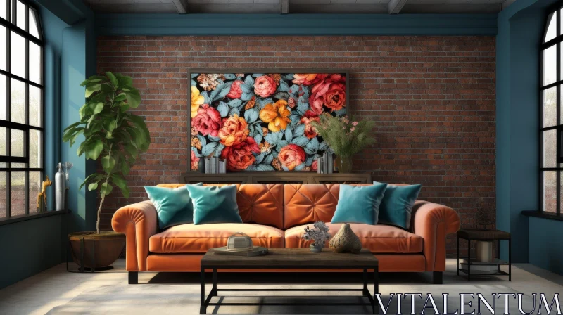 Modern Living Room with Brick Wall and Floral Painting AI Image