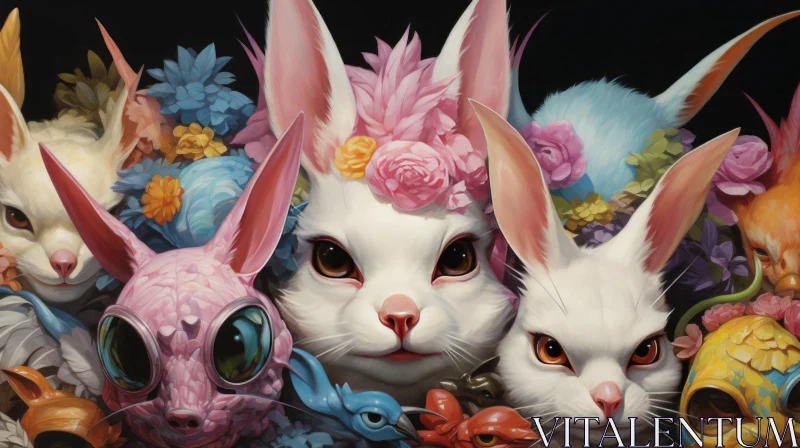 Mystical Bunny and Flower Portraits on Dark Background AI Image