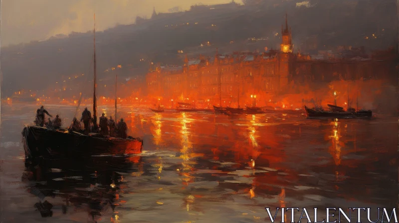 AI ART Night Harbor Painting - Tranquil Cityscape Artwork