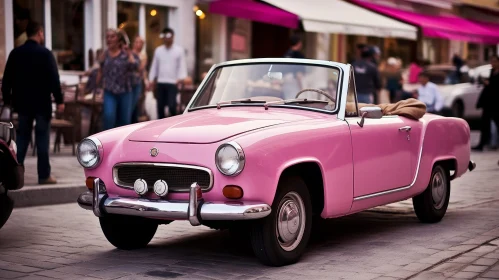 Pink Vintage Car on Street with Motion Blur