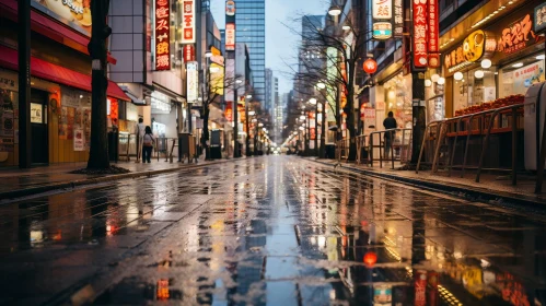 Rainy City Street Scene with Neon Lights