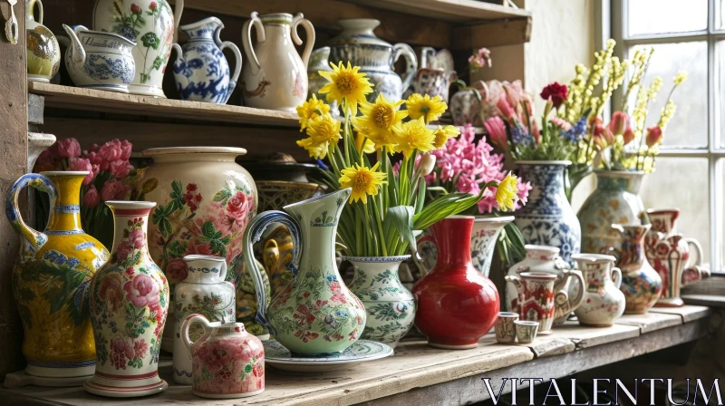 Rustic and Charming Ceramic Vases and Pitchers on Wooden Shelves AI Image