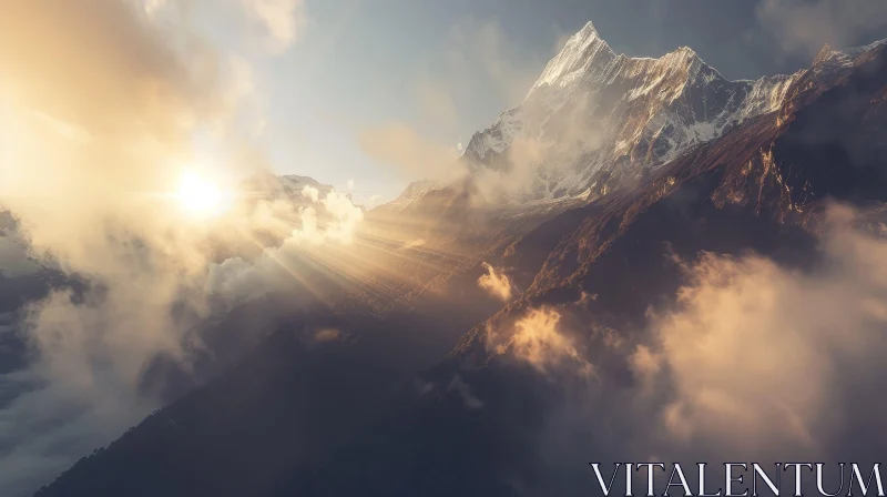 AI ART Snow-Capped Mountain Peak Above Clouds - Serene Landscape