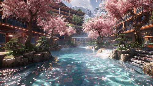Tranquil Asian-Style Courtyard with Cherry Blossom Trees