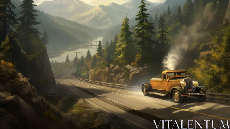 Vintage Truck Driving on Mountain Road AI Image