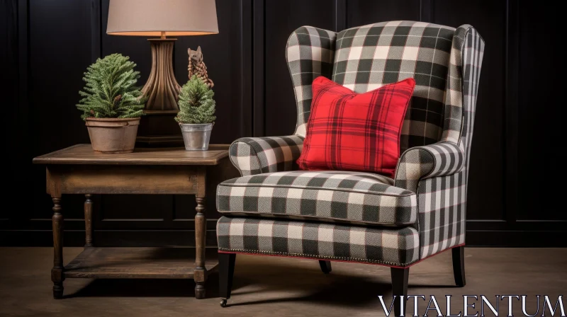 AI ART Vintage Wingback Armchair with Plaid Pattern in Home Interior