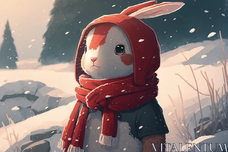 Winter Rabbit in Snow with Red Scarf - Realistic Portraiture AI Image