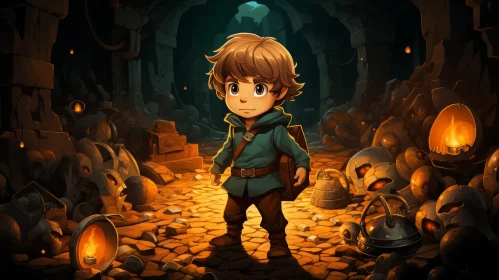 Young Boy in Dark Cave Digital Painting