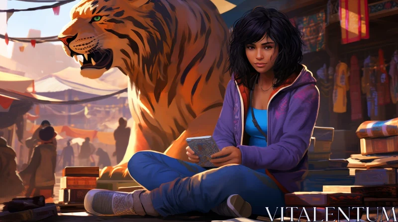 Captivating Encounter: Woman with Tiger in Vibrant Market Scene AI Image