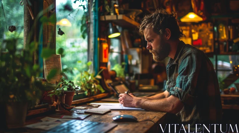 Captivating Image of a Bearded Man Writing at a Rustic Desk near a Window AI Image