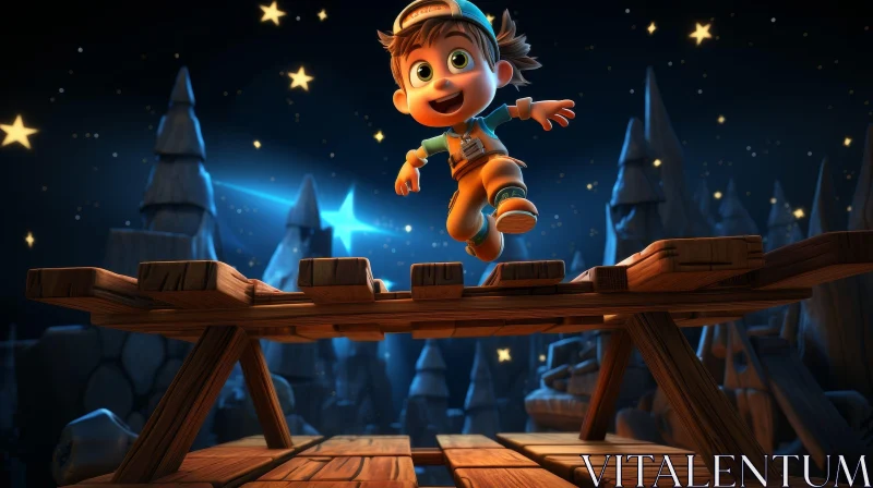 Cartoon Character Jumping Over Wooden Bench AI Image